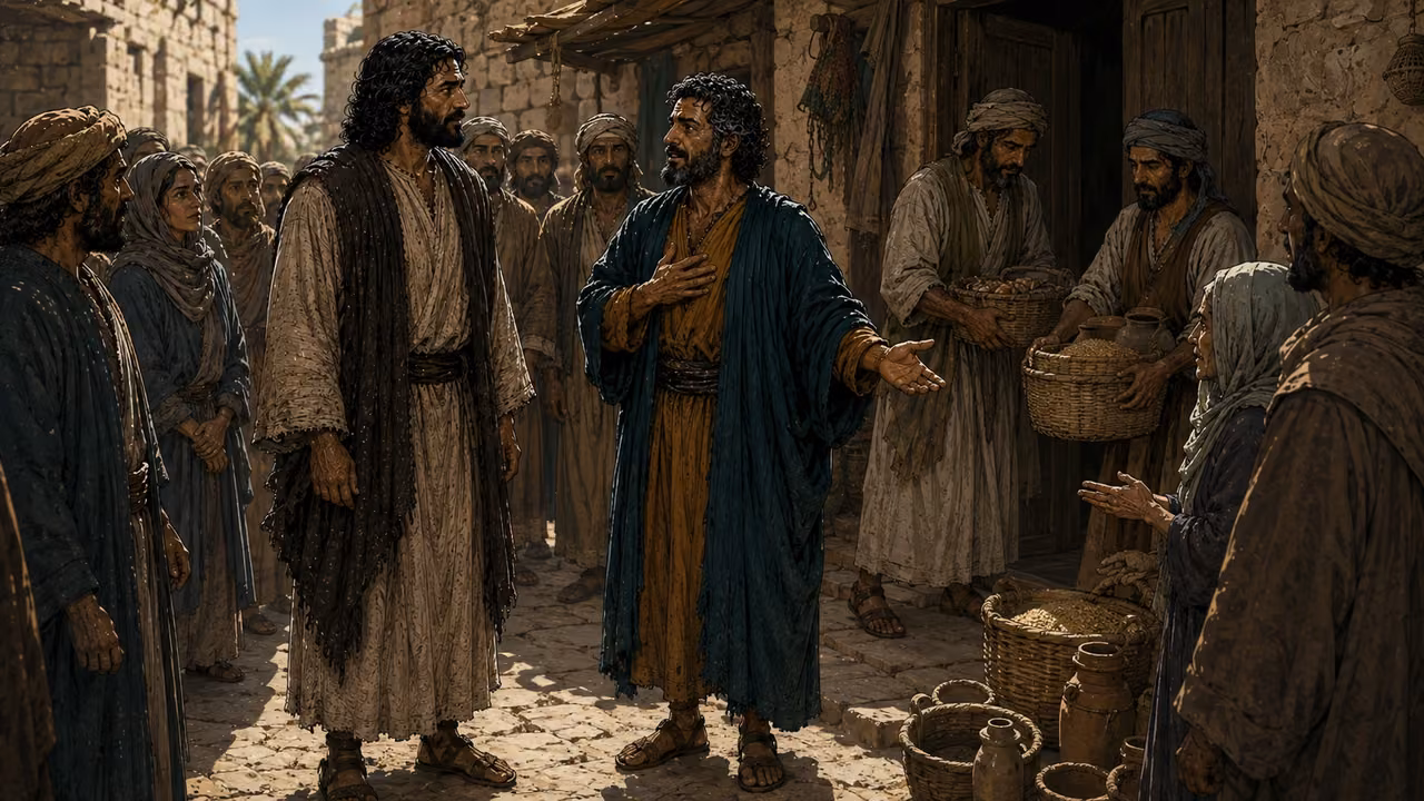 Zacchaeus stands beside Jesus and directs household food toward neighbors as townspeople watch.