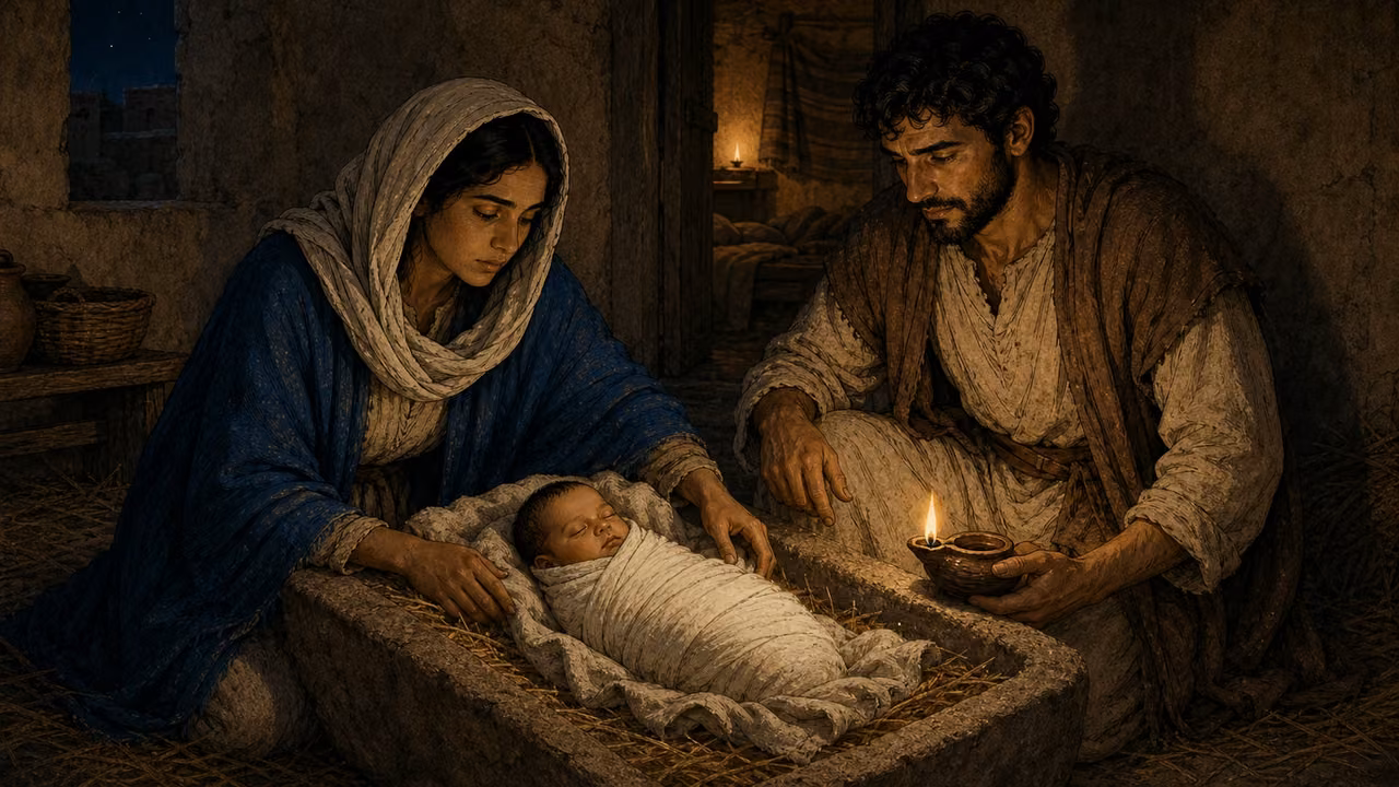 Graphic-novel illustration of the consistently designed Mary and Joseph beside the fully swaddled newborn Jesus in a stone feeding trough inside a modest Bethlehem house.