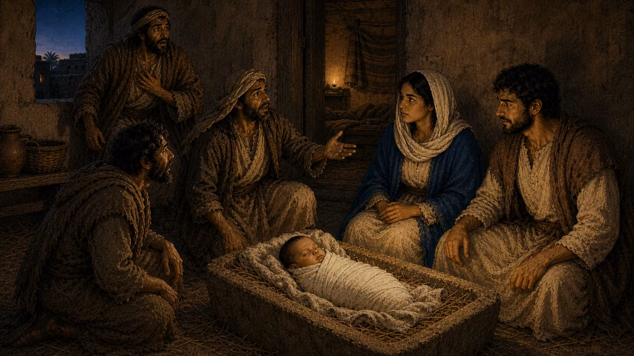 Graphic-novel illustration of the same three shepherds reporting what they heard to the consistently dressed Mary and Joseph beside the swaddled newborn.