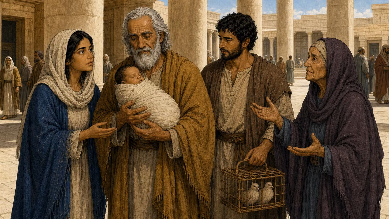 Graphic-novel illustration of the designed Simeon holding the infant Jesus as the consistently dressed Mary and Joseph listen and the designed Anna gives thanks.