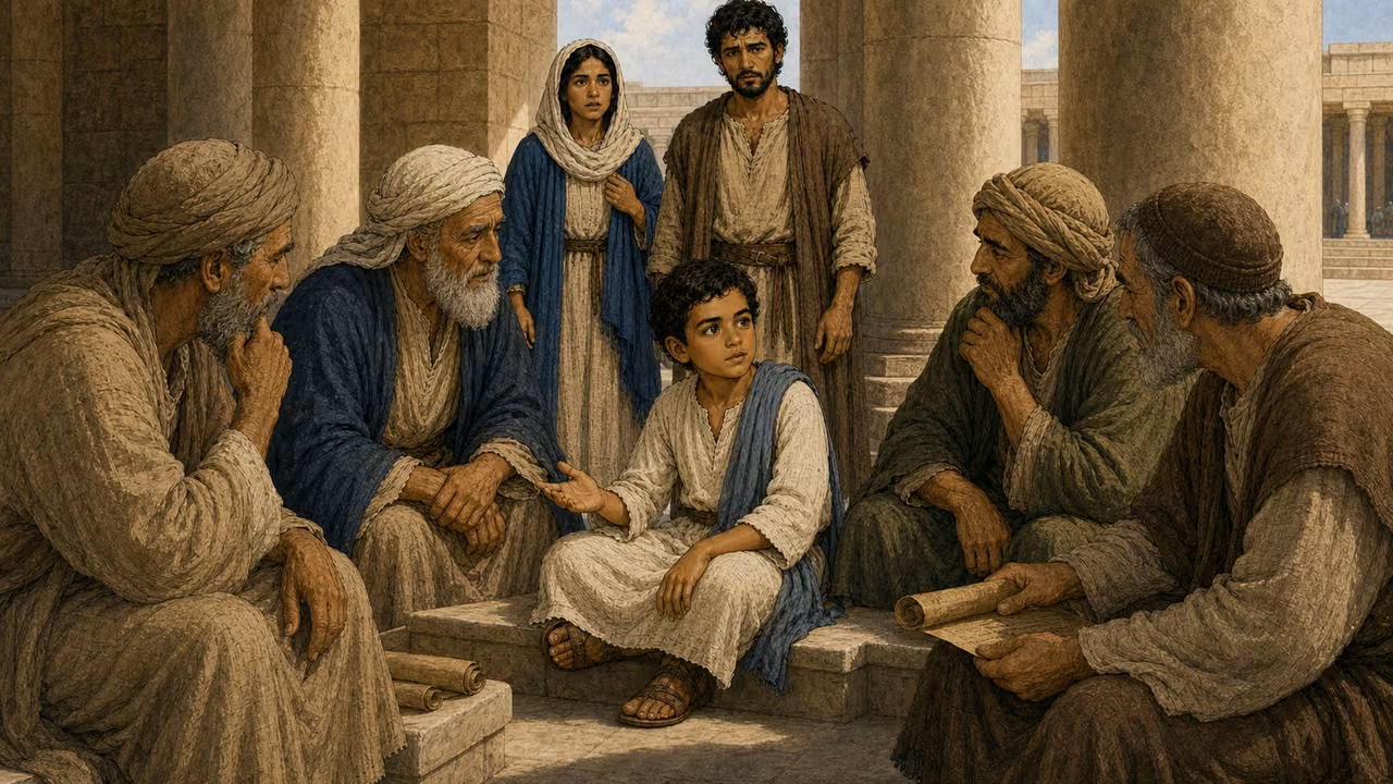 Graphic-novel illustration of the designed twelve-year-old Jesus listening and speaking among four temple teachers as the consistently dressed Mary and Joseph find him.