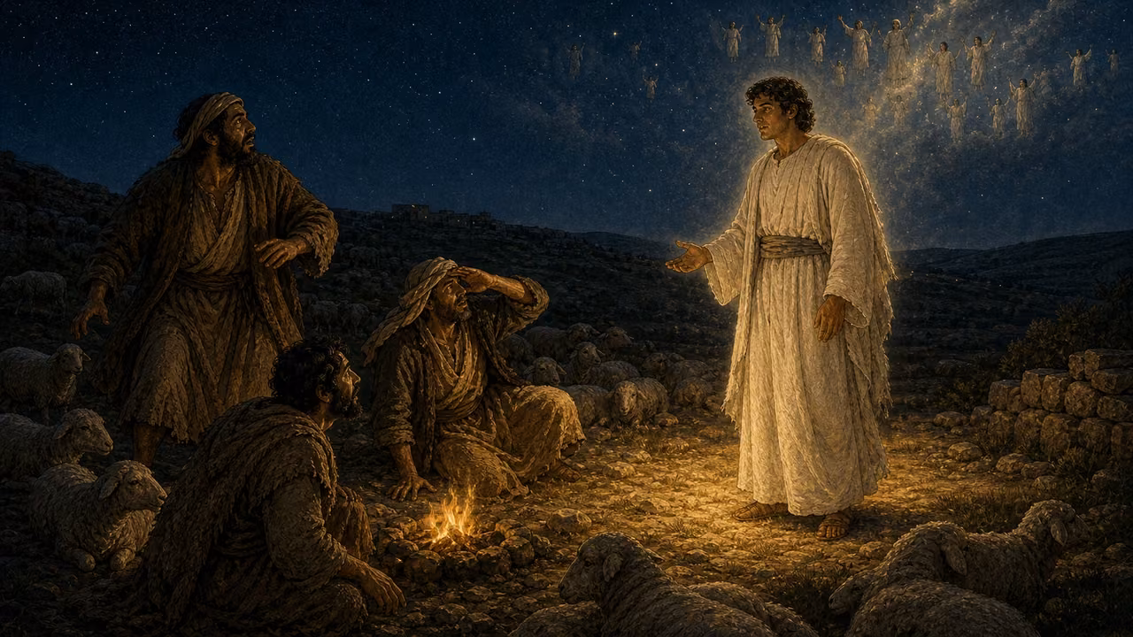 Graphic-novel illustration of three shepherds facing an unnamed angel in a night pasture while a restrained heavenly host appears high above.