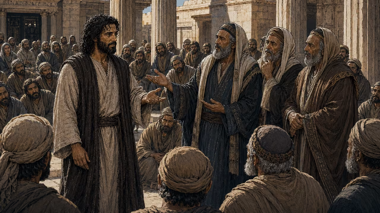 Jesus faces three dignified leaders in the temple court as one answers with an uncertain open hand.