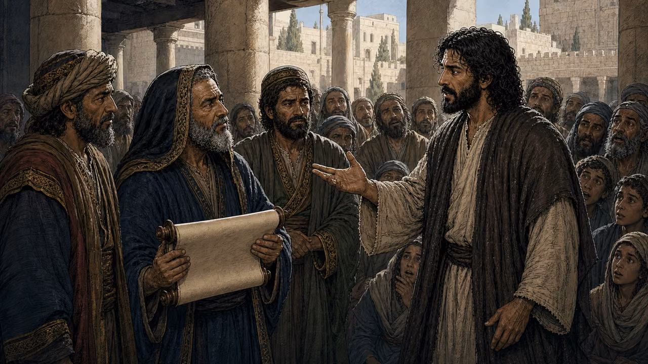 Jesus answers Sadducees holding an unlettered scroll as the crowd listens.