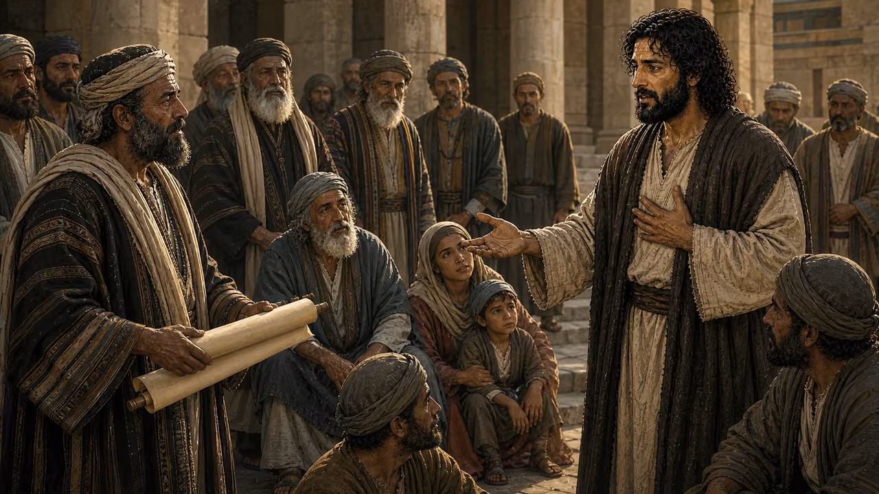 Jesus teaches leaders and ordinary listeners in the temple court with one hand over his heart.