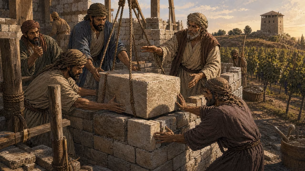 Vineyard workers guide a large rejected cornerstone into place while the vineyard and watchtower stand behind.
