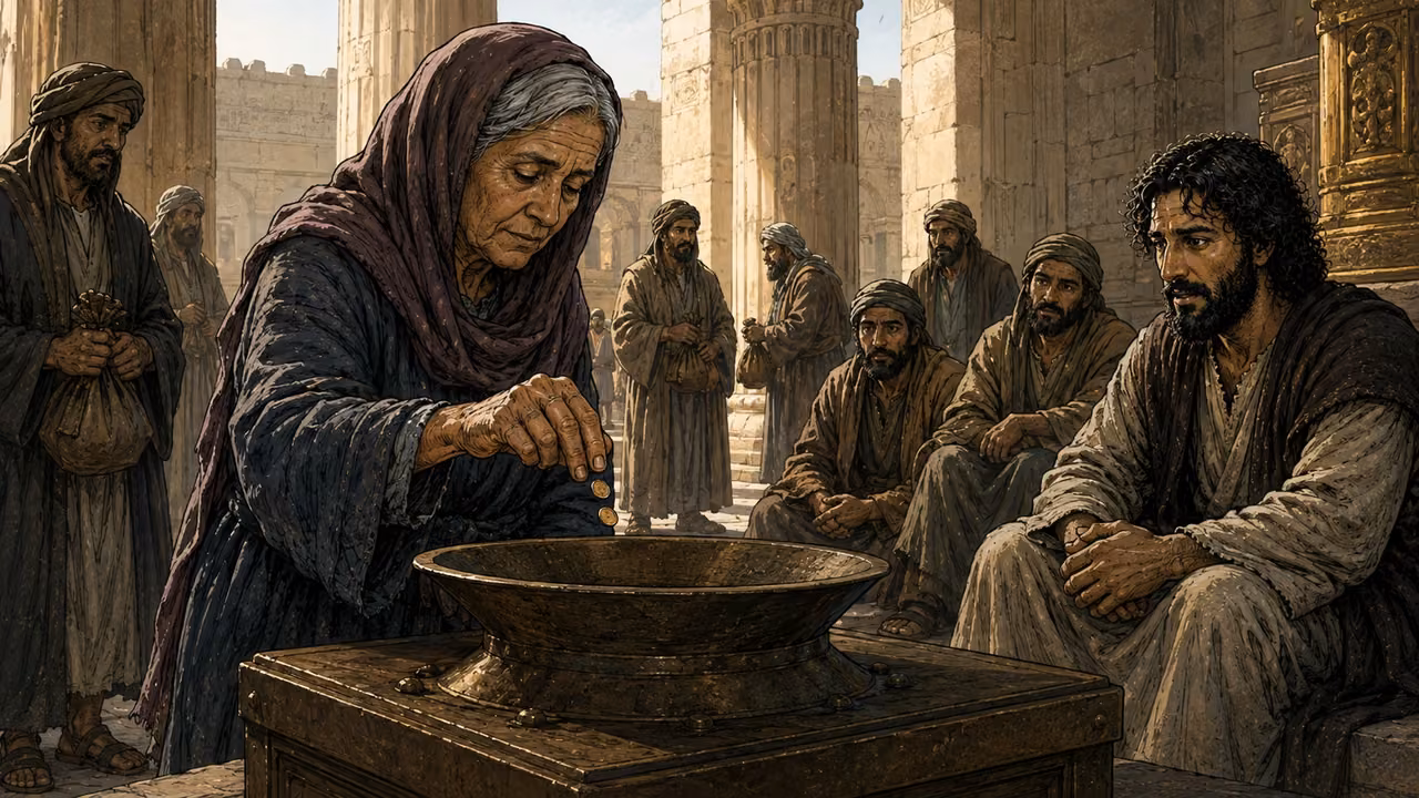 A full-size older widow releases exactly two bronze coins while Jesus watches from behind.