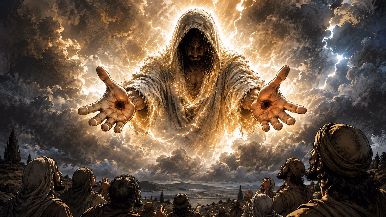 The hooded glorified Son of Man appears in clouds with both large healed palm wounds visible as people lift their heads.