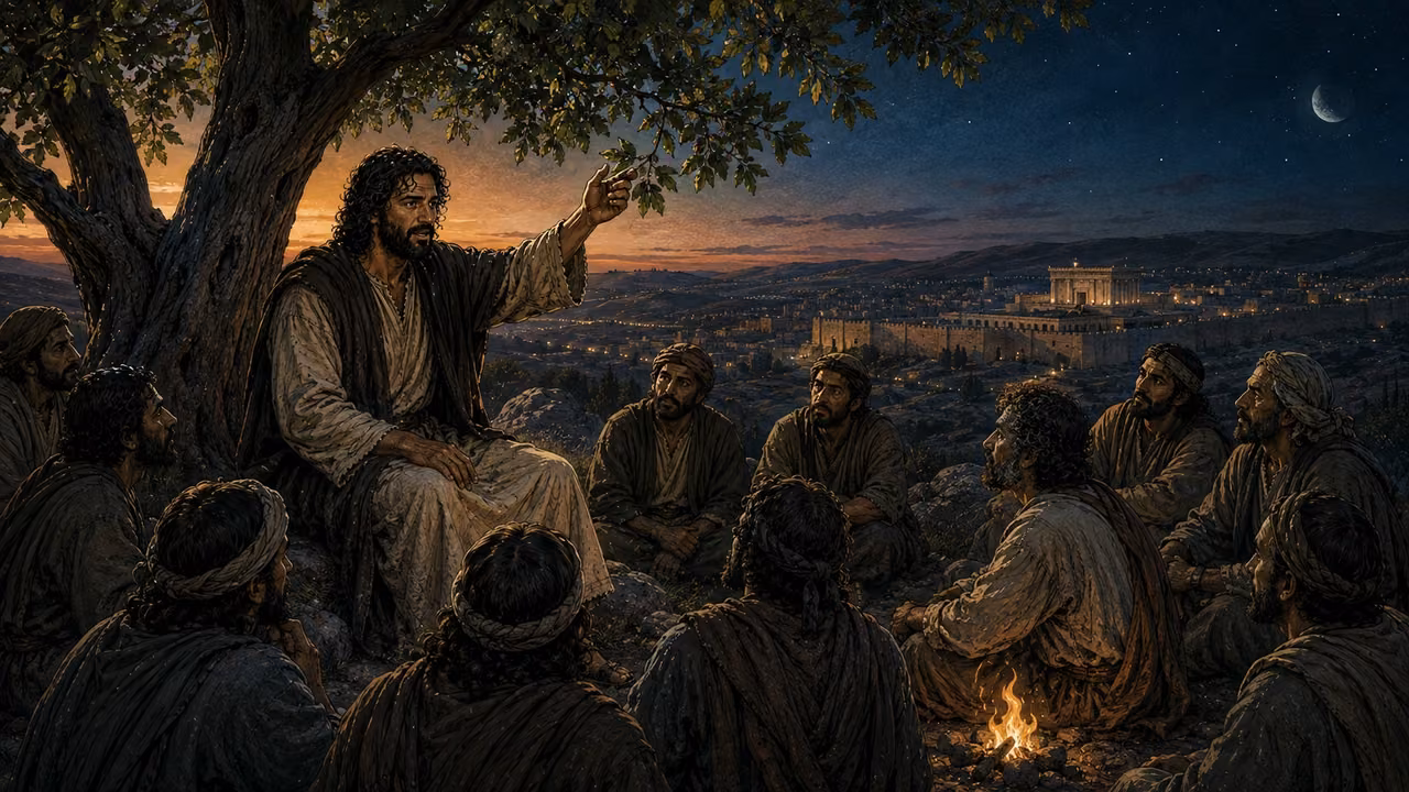 Jesus teaches disciples beside a leafy fig tree on the Mount of Olives with the illuminated temple across the valley.
