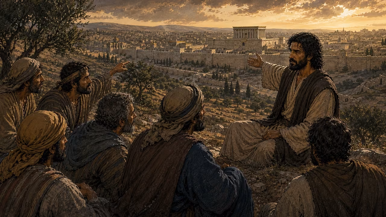 Jesus teaches disciples overlooking Jerusalem and its temple at sunset.