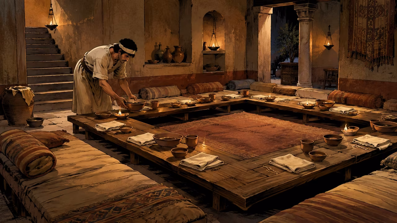 A household attendant sets a bowl on a low table in a furnished room prepared for Passover.