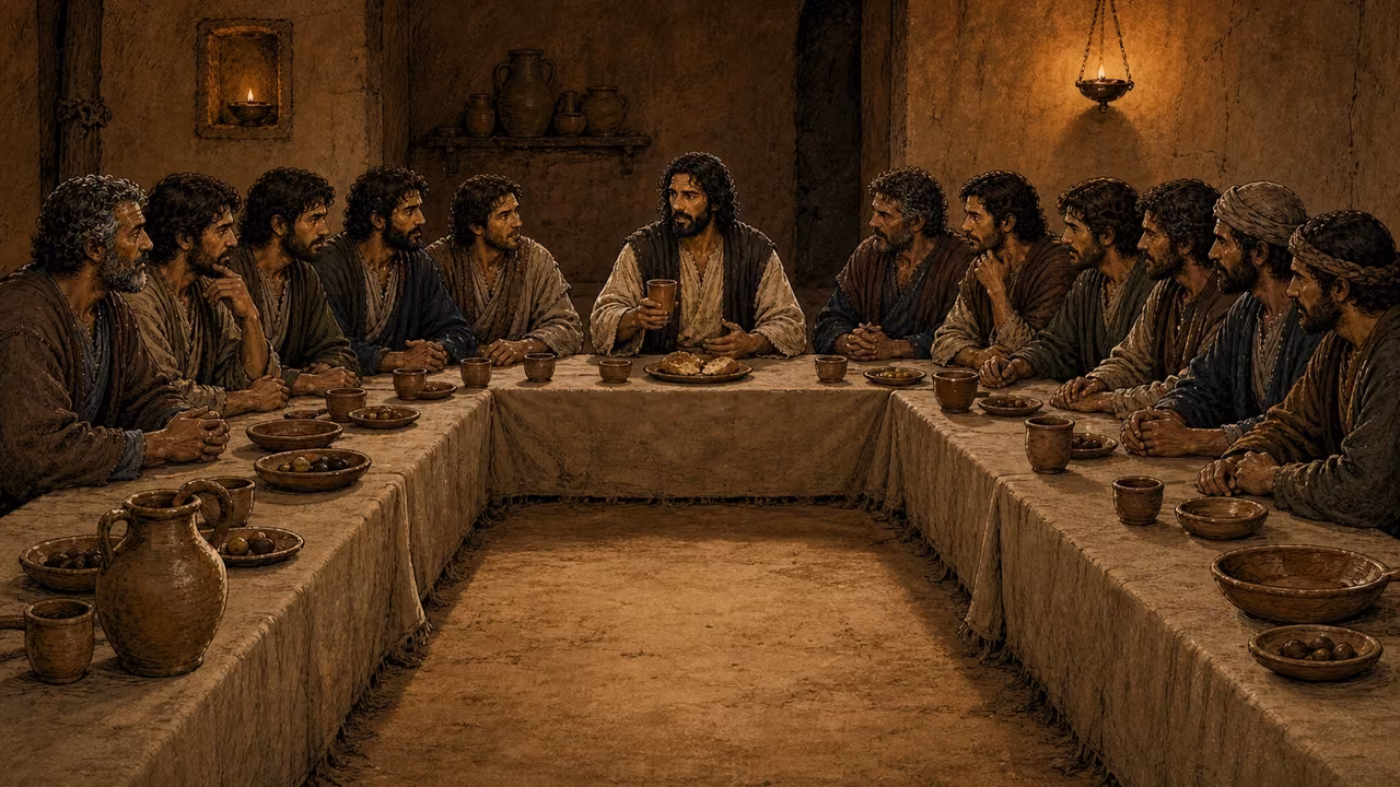 Jesus shares bread and a cup at the Passover table with the apostles.