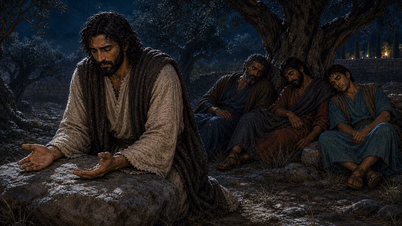 Jesus prays on the Mount of Olives as disciples sleep nearby.