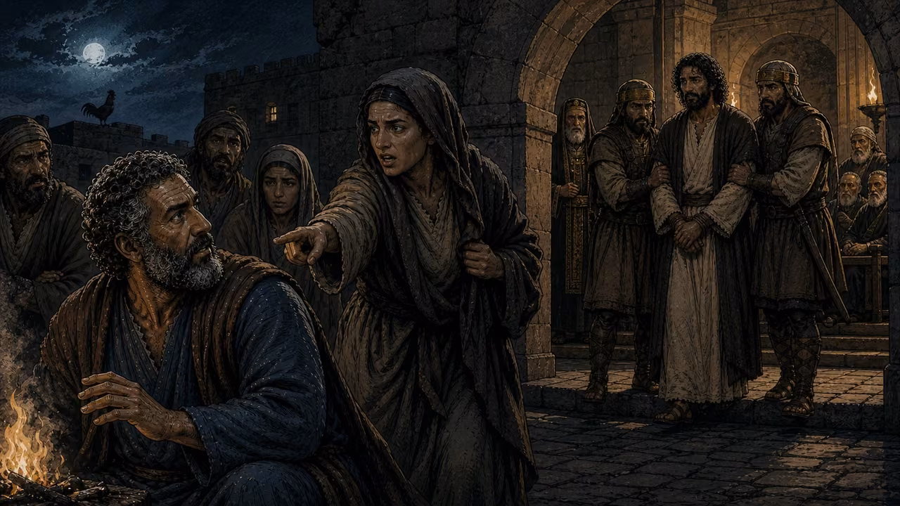 Peter sits troubled beside a courtyard fire as Jesus is held nearby.