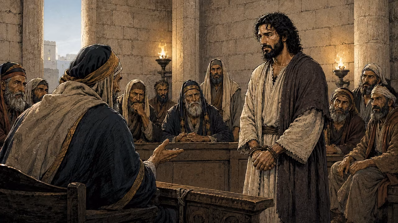Jesus stands with bound hands before a seated council in a chamber lit by morning daylight.