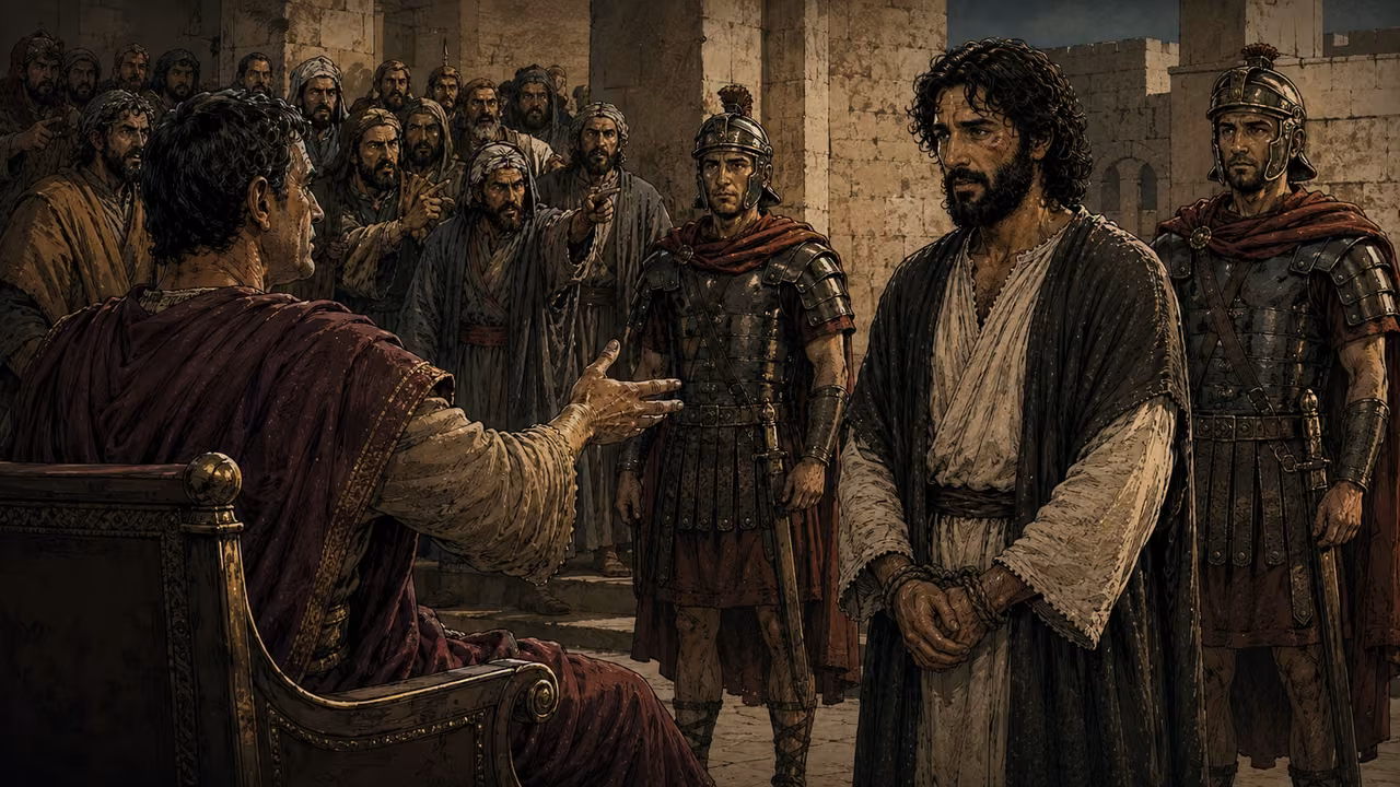 Jesus stands bound before a Roman governor while guards and accusers look on.