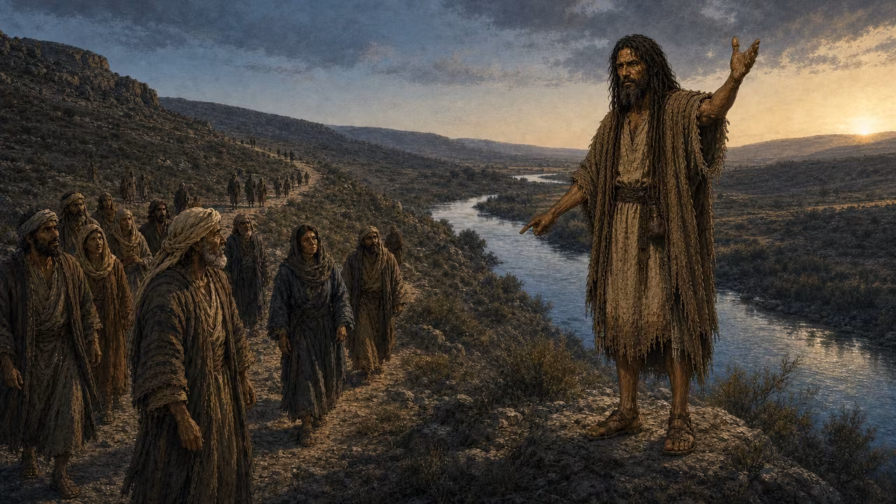 Graphic-novel illustration of the designed John the Baptist proclaiming beside the Jordan as listeners approach along a rough path at dawn.