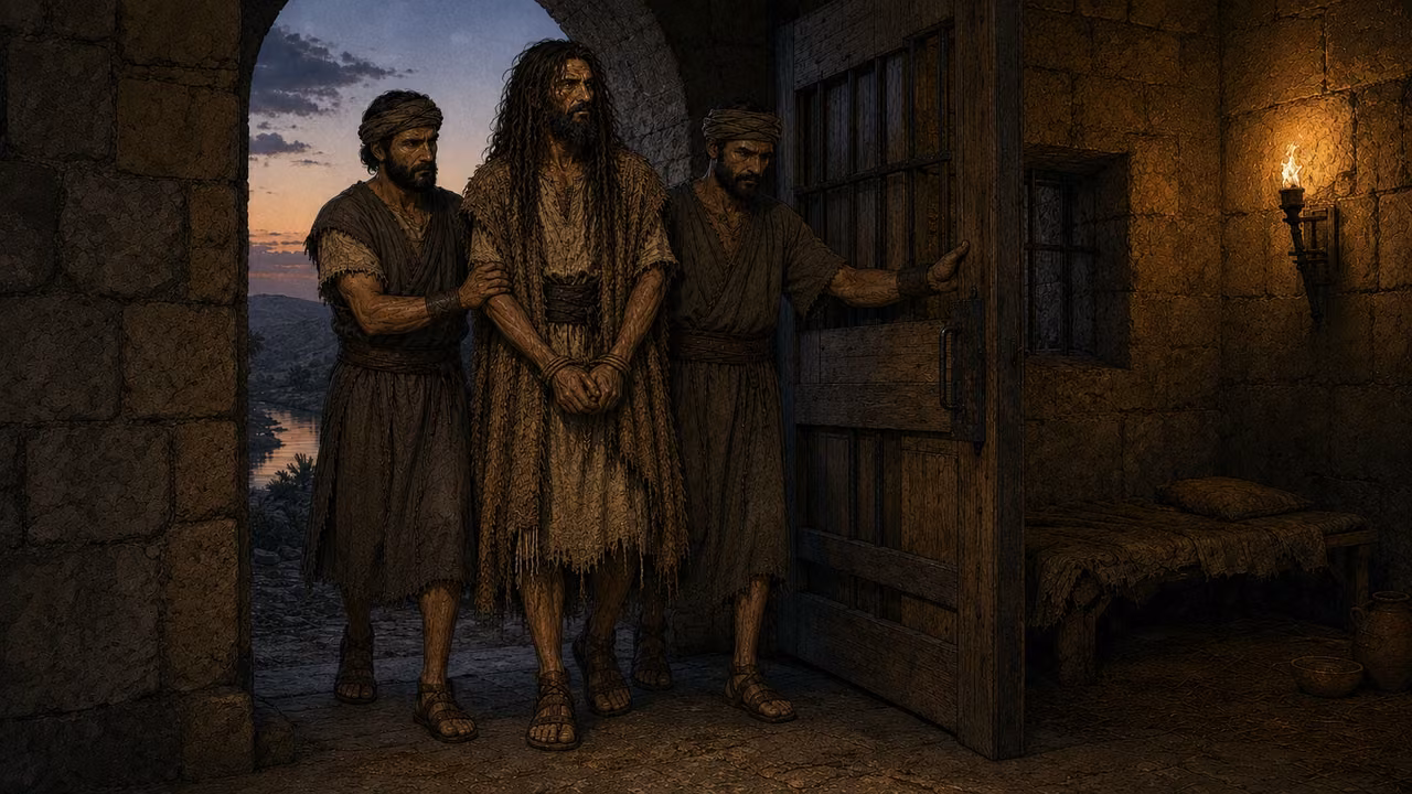 Graphic-novel illustration of the designed John crossing a fortress-prison threshold under restrained guard, upright and calmly bound.