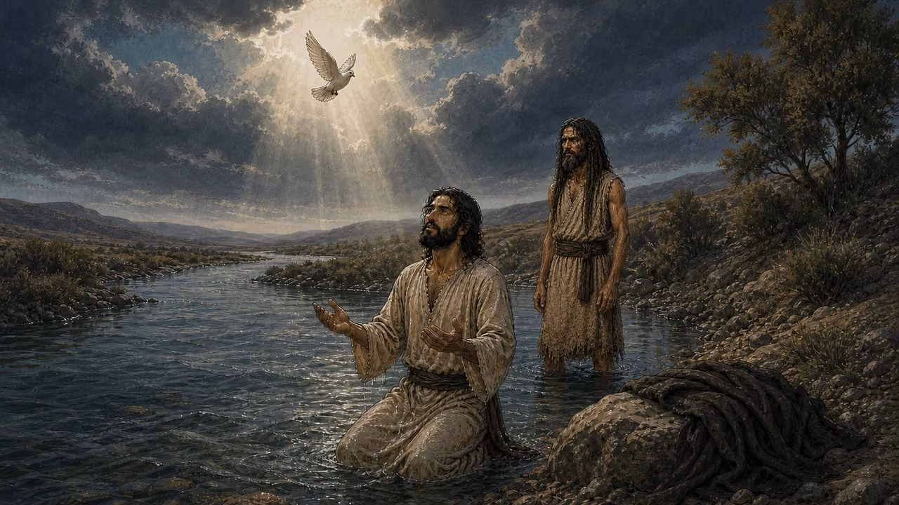 Unique graphic-novel illustration of the designed Jesus kneeling in prayer after baptism as the designed John stands behind and one natural dove descends.