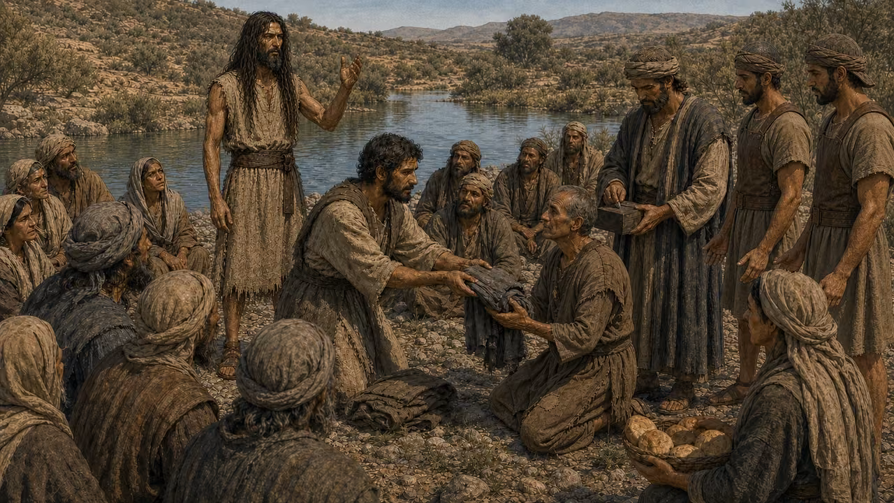 Graphic-novel illustration of the designed John teaching as people share clothing and bread while a tax collector and ordinary soldiers listen.
