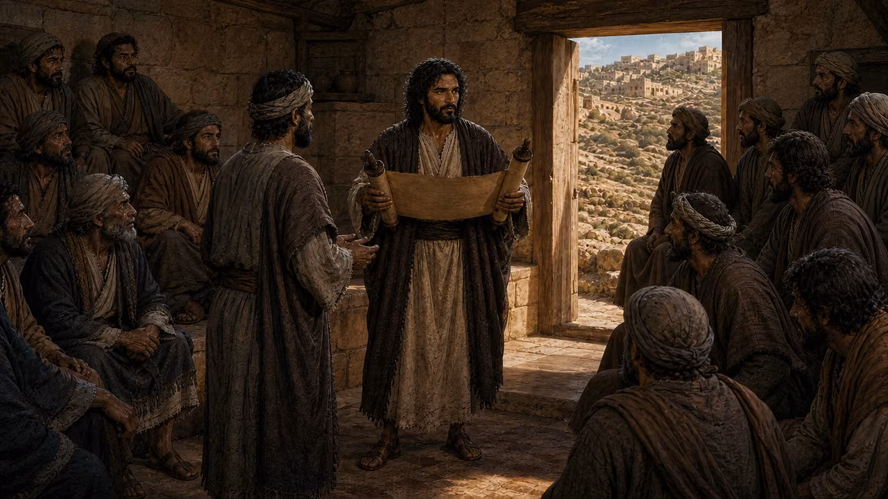 Graphic-novel illustration of the designed Jesus reading Isaiah to attentive listeners in the Nazareth synagogue.