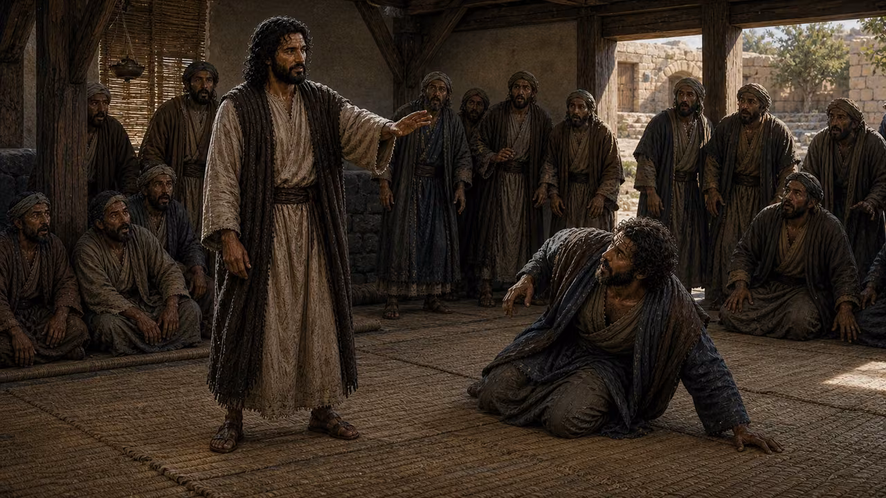 Graphic-novel illustration of the designed Jesus rebuking an unclean spirit while a distressed man kneels unharmed and worshipers look on.