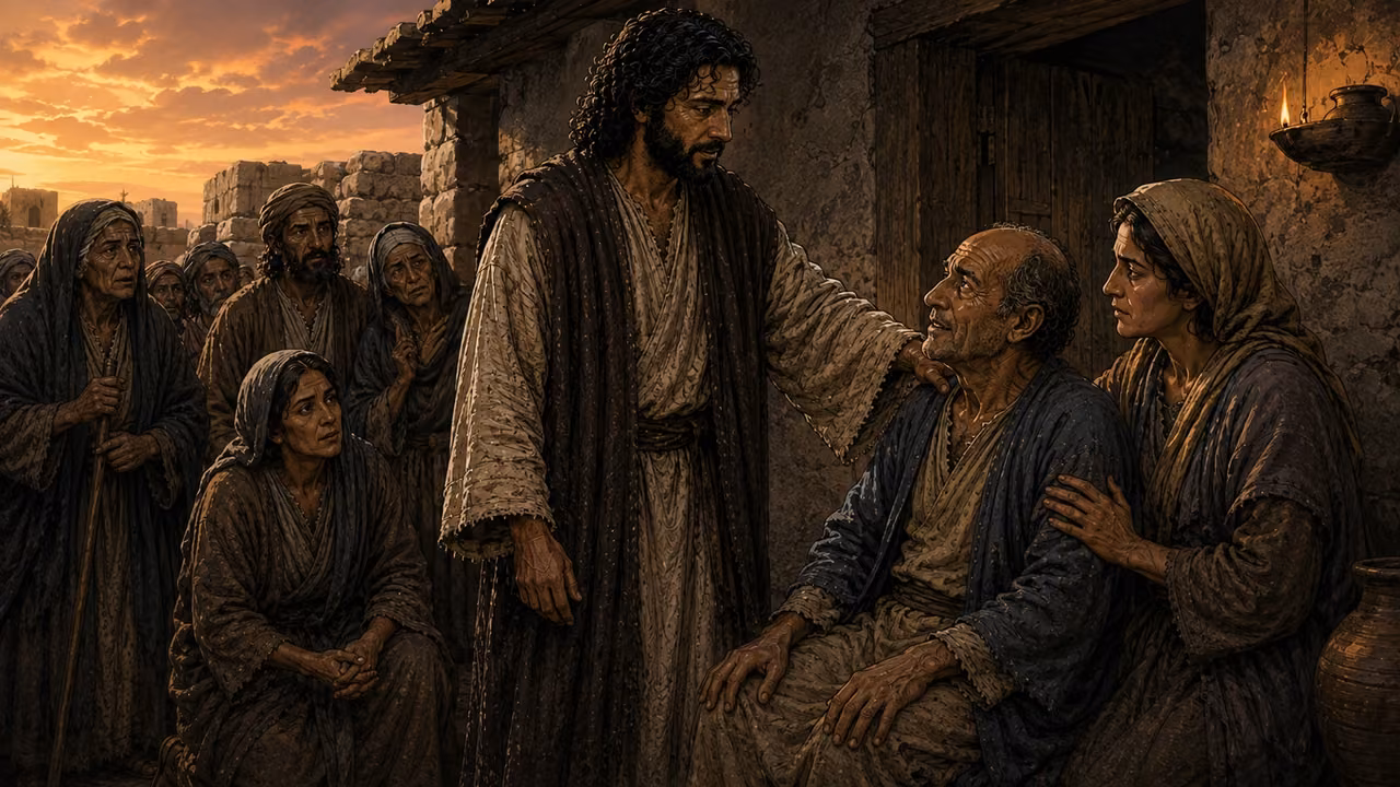 Graphic-novel illustration of the designed Jesus laying a hand on a sick neighbor at sunset while relatives and other neighbors wait.