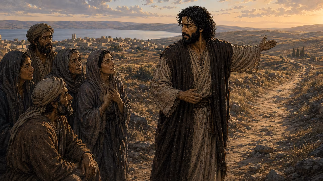 Graphic-novel illustration of the designed Jesus in ordinary ministry clothes explaining his onward mission to townspeople on a quiet hillside.