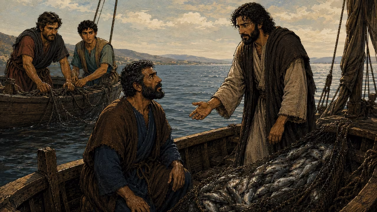 Graphic-novel illustration of the designed Gospel-era Peter kneeling before Jesus beside the abundant catch, with the designed James and John in the other boat.