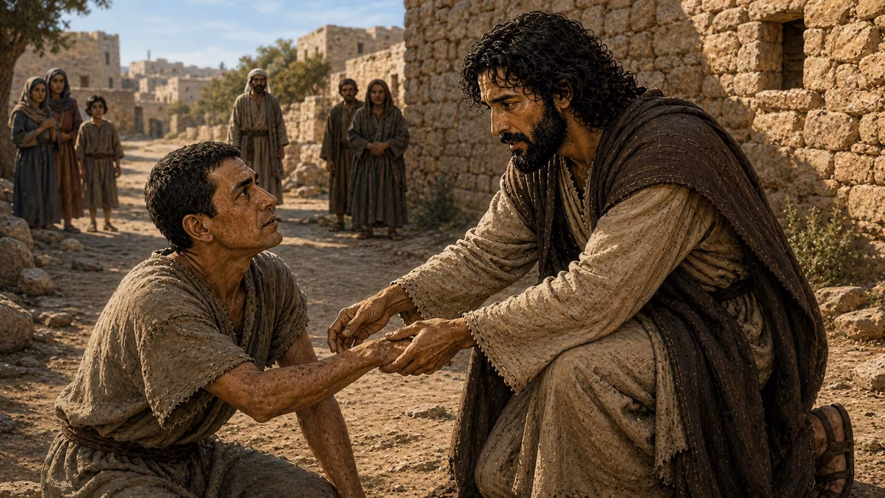 Graphic-novel illustration of the designed Jesus compassionately touching a kneeling man with a skin condition outside a Galilean town.