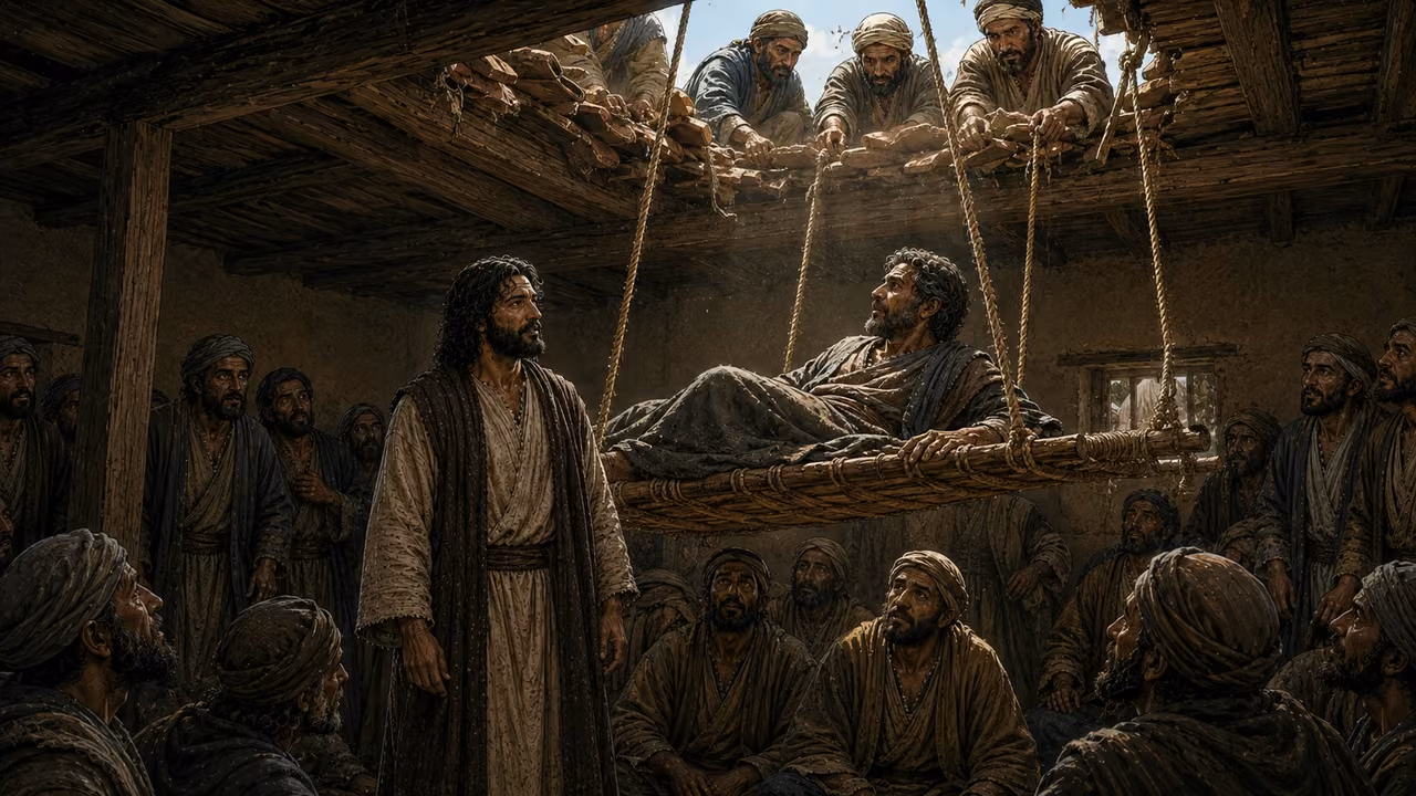 Graphic-novel illustration of friends lowering a paralyzed man securely through a roof opening before the designed Jesus in a crowded house.