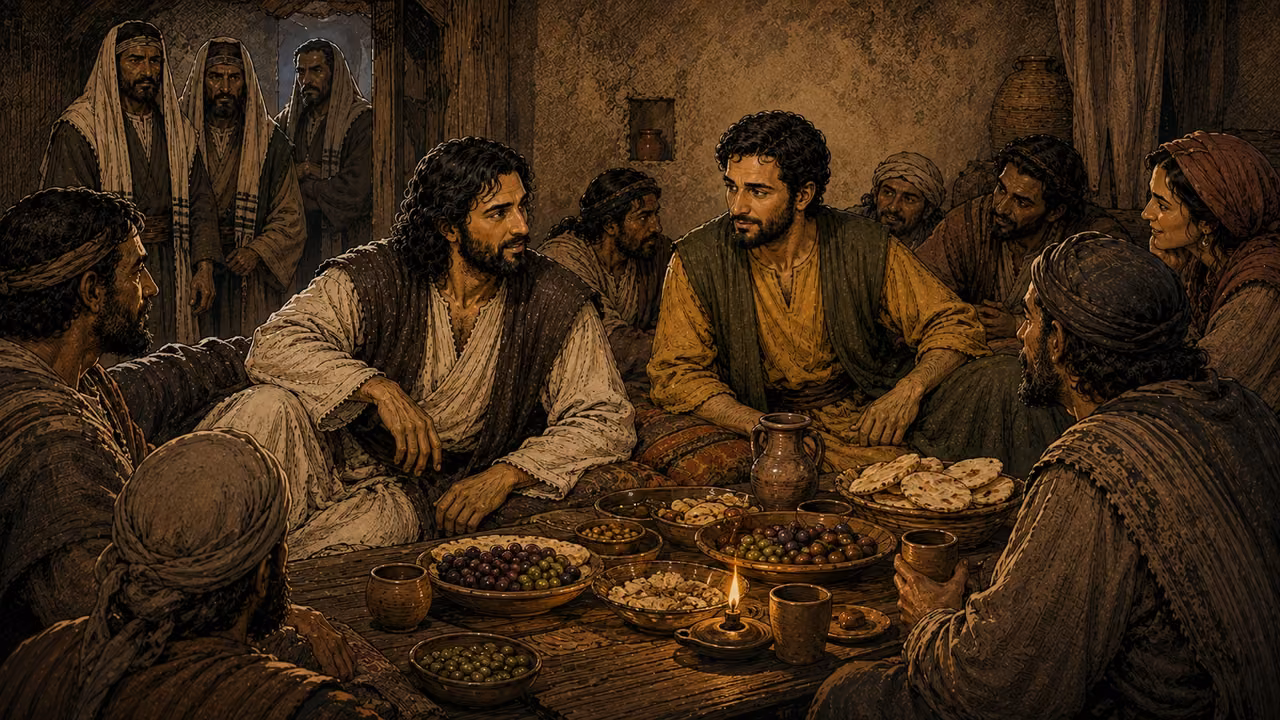 Graphic-novel illustration of the designed Jesus and Levi reclining together at a low banquet table while guests share food and scribes watch from the doorway.