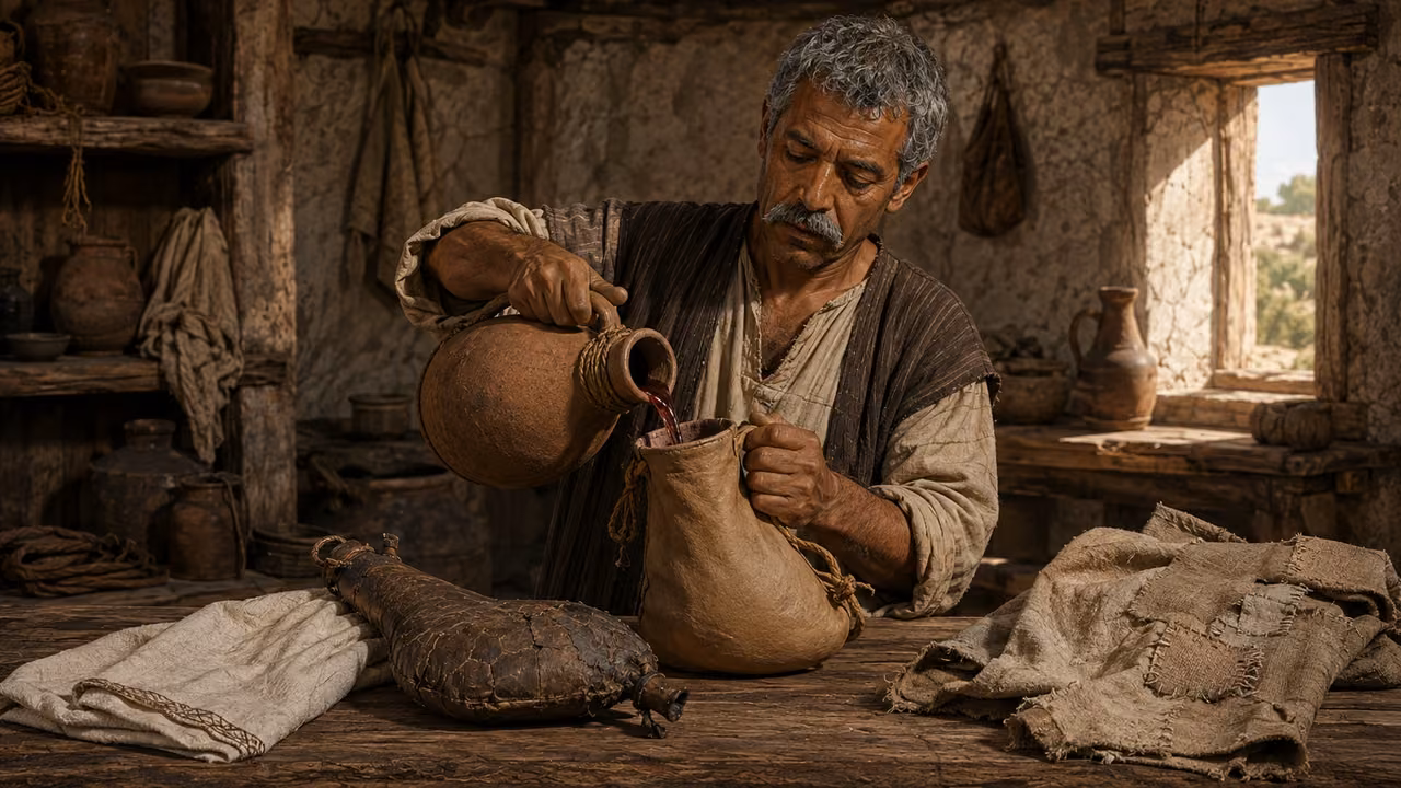 Graphic-novel illustration of an unnamed artisan pouring wine into a fresh wineskin, with an old cracked skin and separate garments nearby.