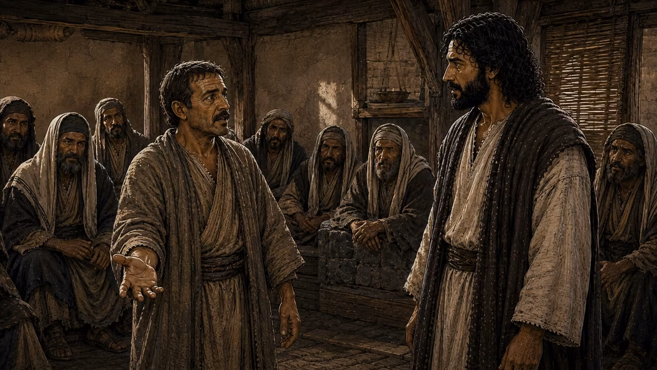 Graphic-novel illustration of the designed Jesus facing a man who holds out his restored right hand while synagogue observers watch.