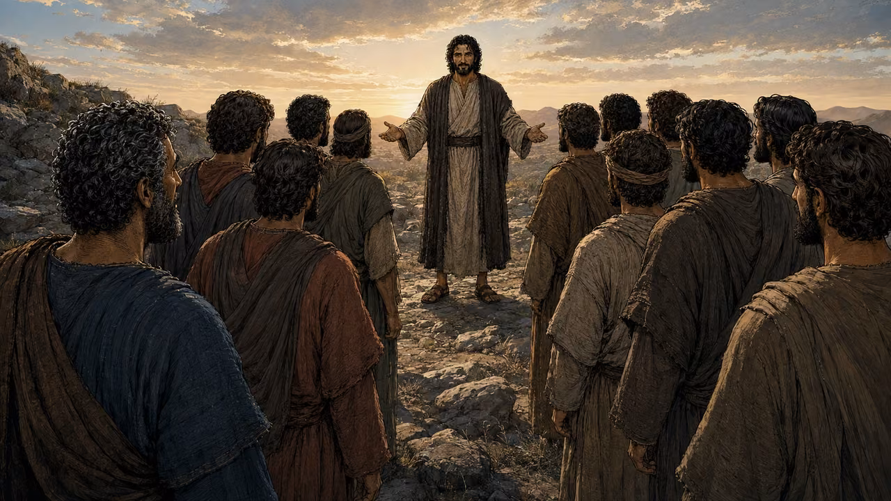 Graphic-novel illustration looking past twelve distinct apostles toward the designed Jesus as he calls them at daybreak.