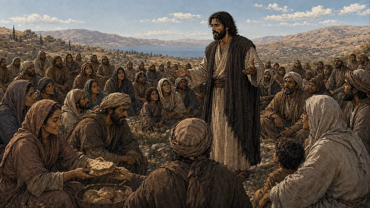 Graphic-novel illustration of the designed Jesus teaching a diverse crowd on a level clearing below the hills.