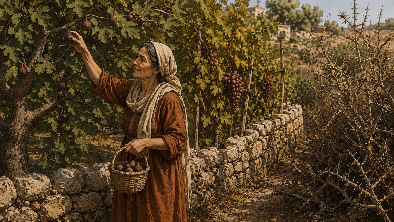 Illustration of a woman harvesting figs from a fig tree, a separate grapevine, and fruitless thorns outside the garden.