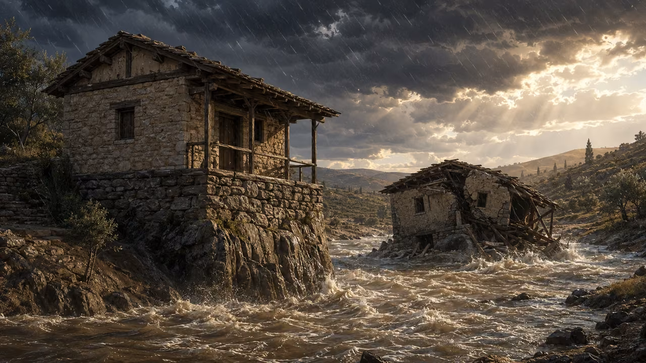 Illustration of a flood striking two houses, one secure on bedrock and the other collapsing on ground without a foundation.