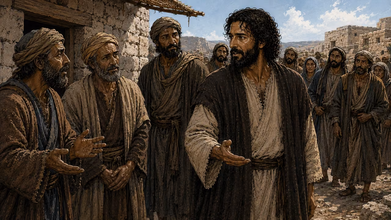 Graphic-novel illustration of the designed Jesus hearing the centurion’s message through friends and elders outside a Capernaum house.