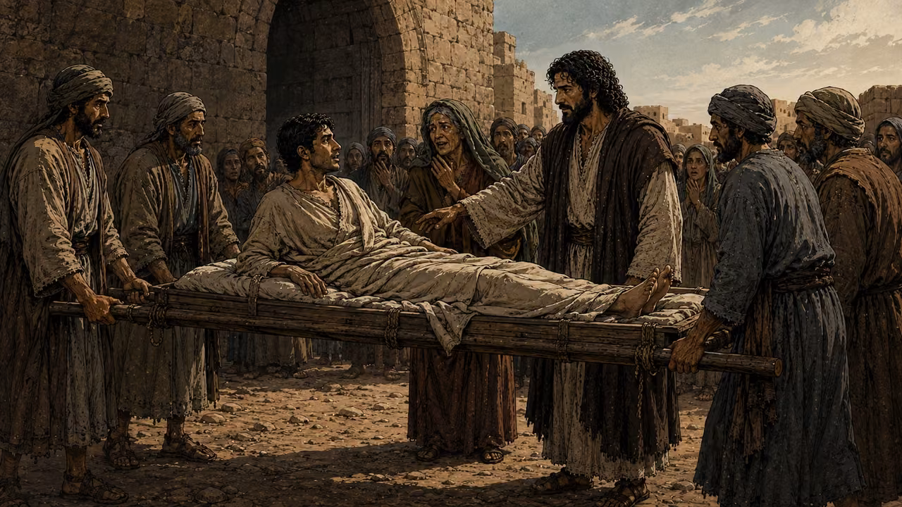 Graphic-novel illustration of the widow’s adult son sitting up on a full-length funeral bier as Jesus and his mother stand beside him at Nain.
