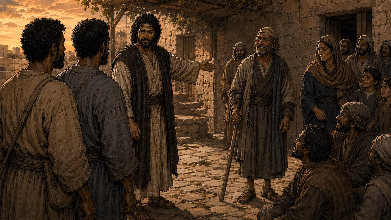 Graphic-novel illustration of the designed Jesus showing two messengers people who have received healing in a Galilean courtyard.