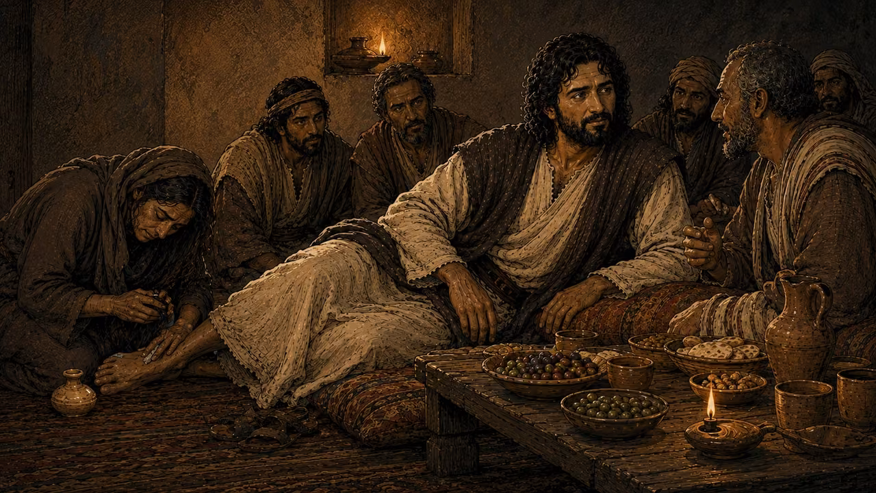Graphic-novel illustration of an unnamed woman wiping the reclining Jesus’s feet at Simon the Pharisee’s table while he addresses the host.