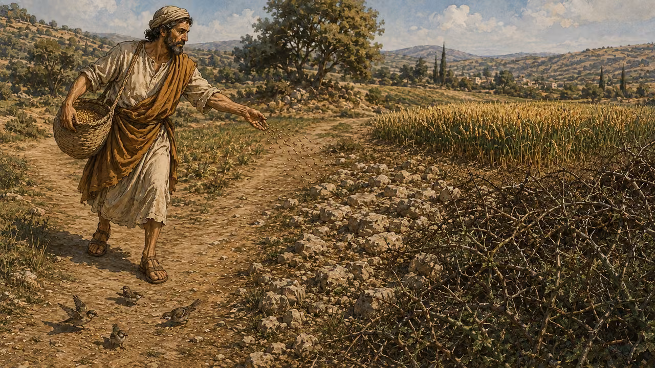 Illustration of a sower scattering seed beside a path, rocks, thorns and good ground in a single Galilean landscape.