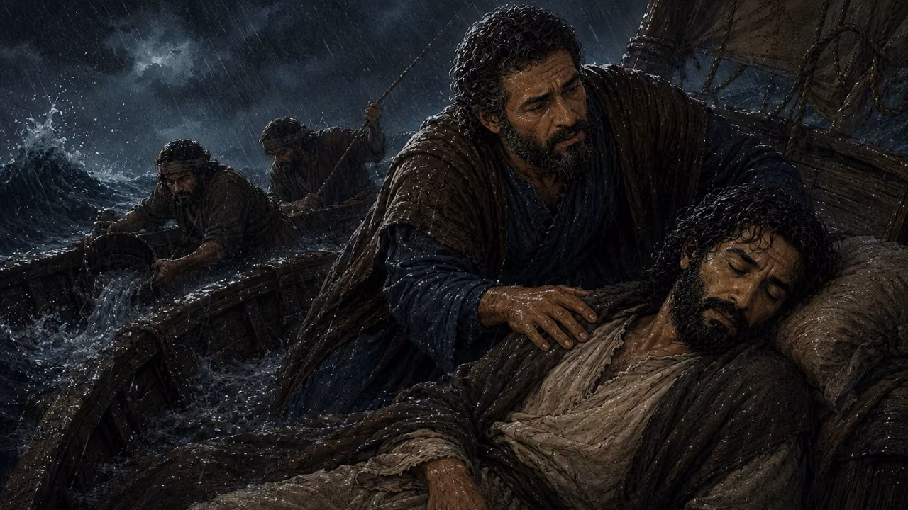 Graphic-novel illustration of the designed Gospel Peter waking the sleeping Jesus as waves enter their fishing boat.