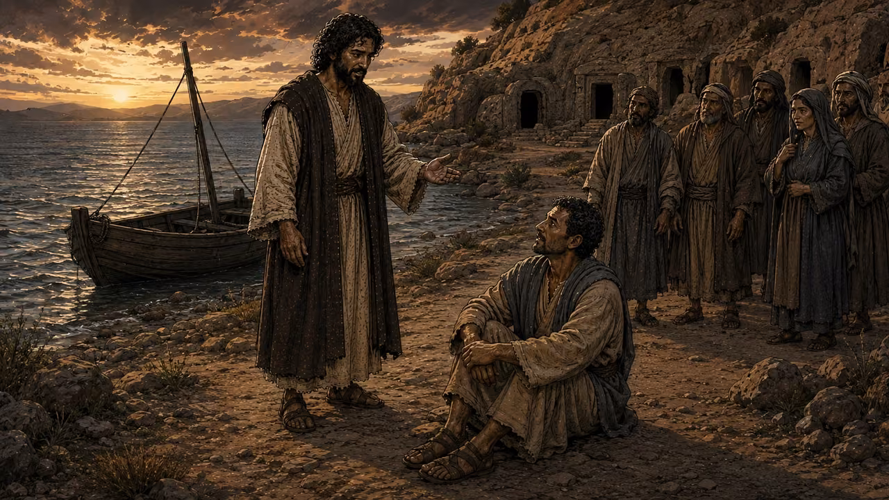Graphic-novel illustration of the restored Gerasene man seated, clothed and calm at Jesus’s feet while townspeople watch.