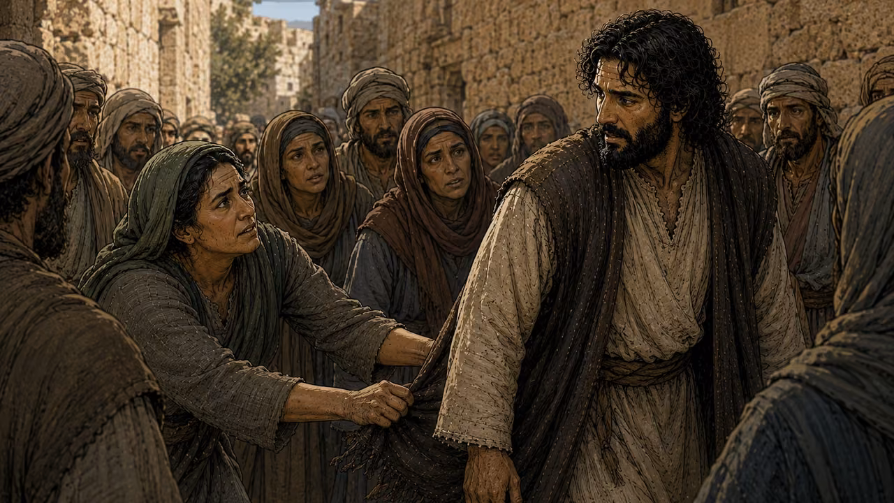 Graphic-novel illustration of a weary woman touching the fringe of the designed Jesus’s mantle as he turns toward her in the crowd.