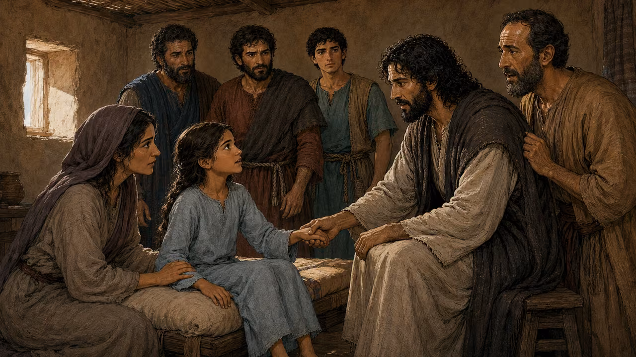 Graphic-novel illustration of the designed Jesus holding the hand of Jairus’s daughter, with her parents and only Peter, James and John present.