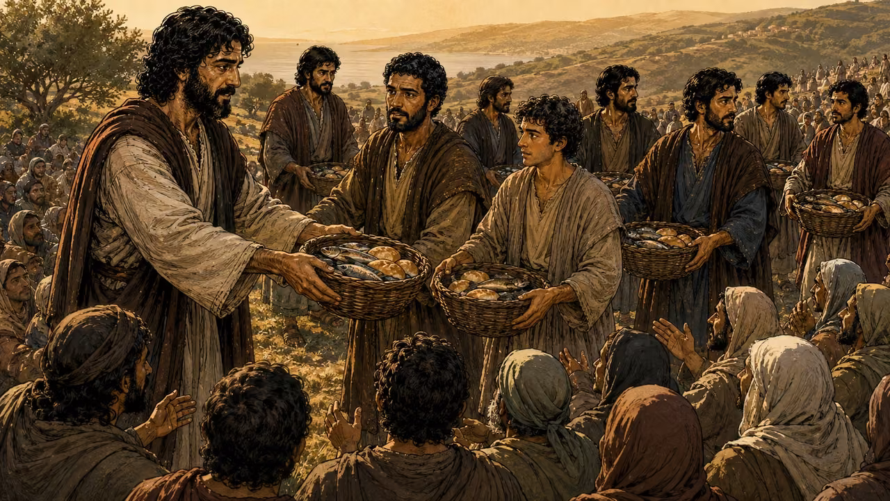 Jesus gives bread and fish to his apostles as they distribute food among seated groups on a hillside near Bethsaida.