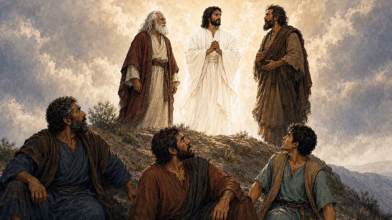 Jesus shines in white between Moses and Elijah while Peter, James and John witness from the rocky mountaintop.