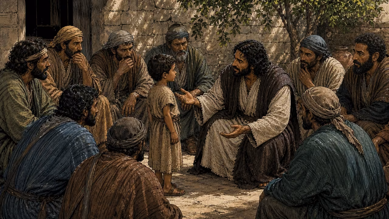 Jesus places a small child beside him while his disciples listen closely.